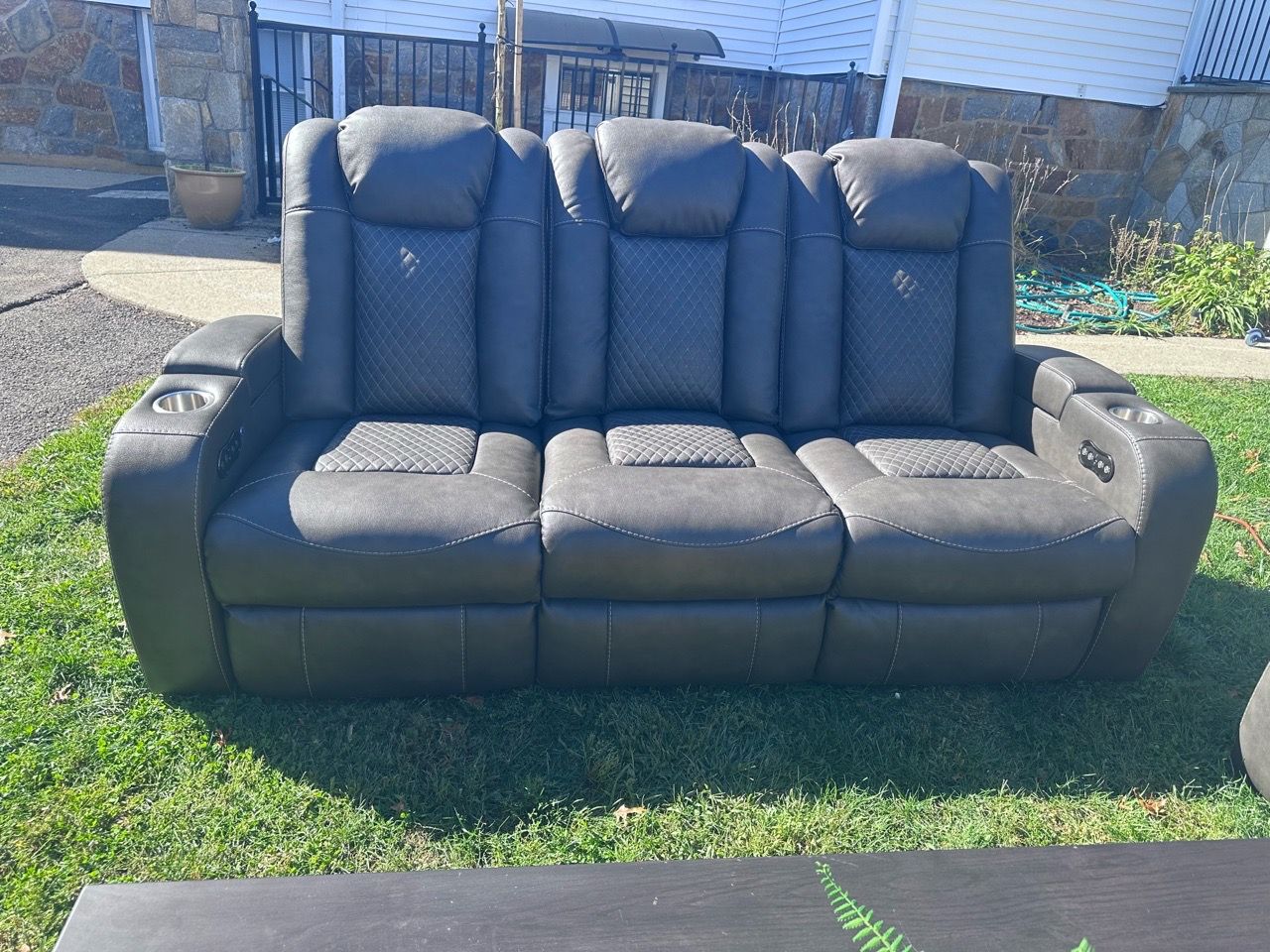 Gray Leather Reclining Sofa and Loveseat Set - photo 3