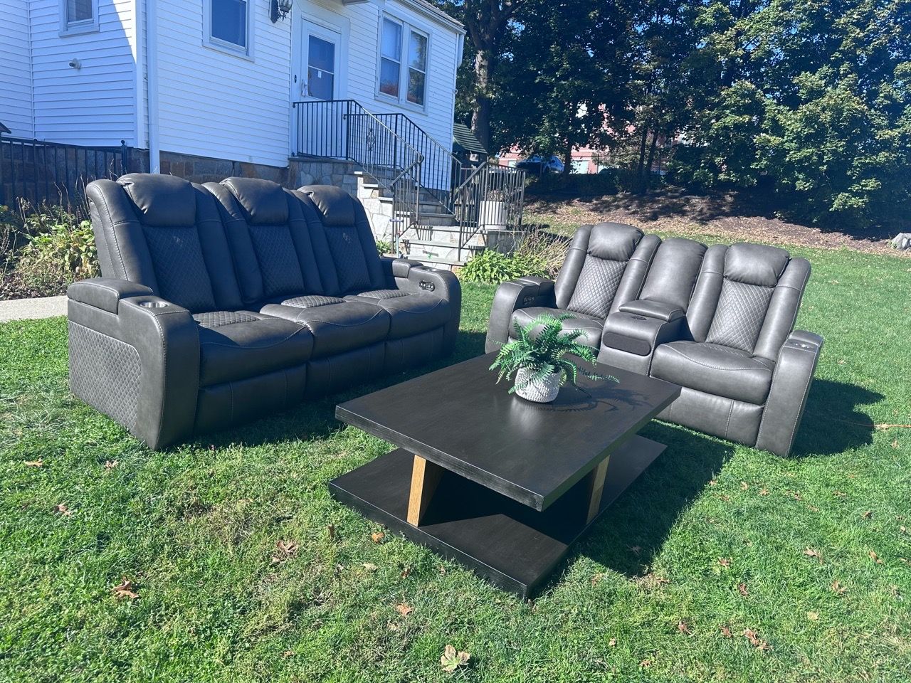 Gray Leather Reclining Sofa and Loveseat Set - photo 5