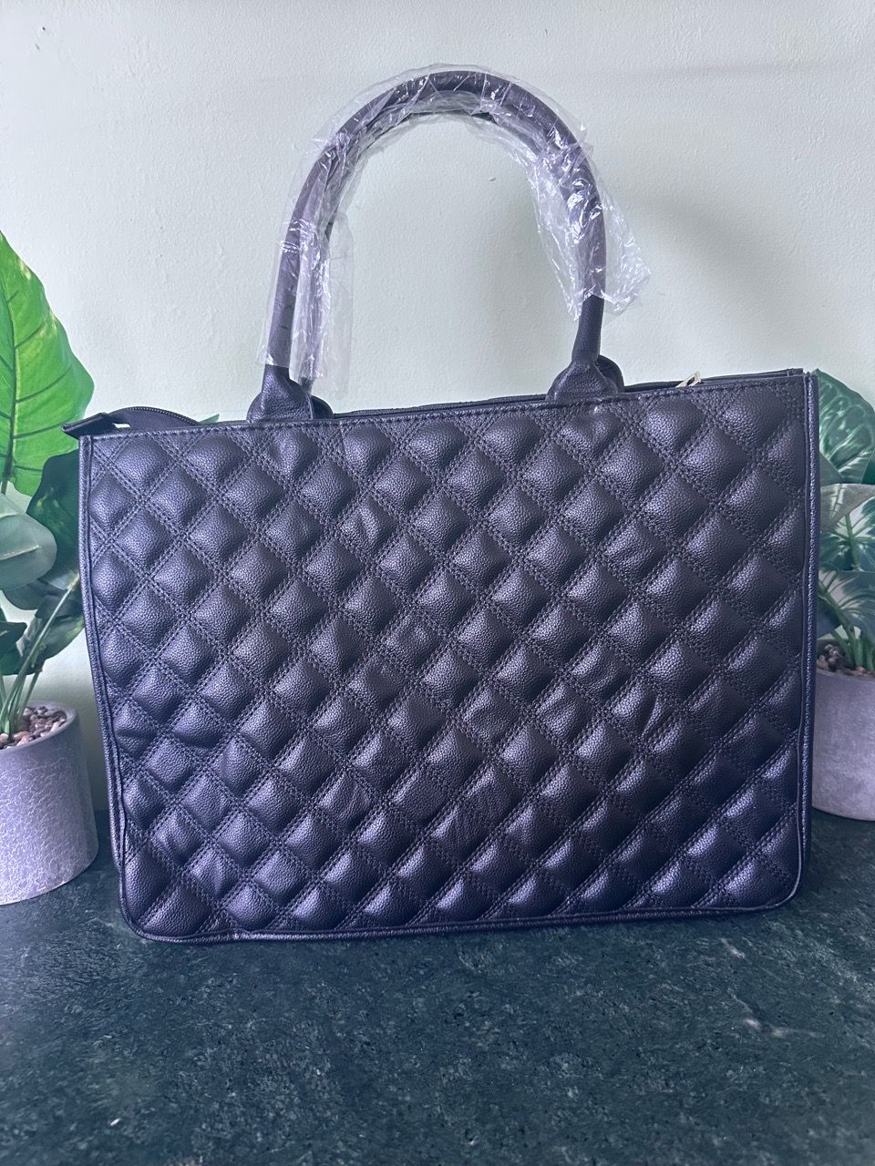 Black Quilted Leather Tote Bag