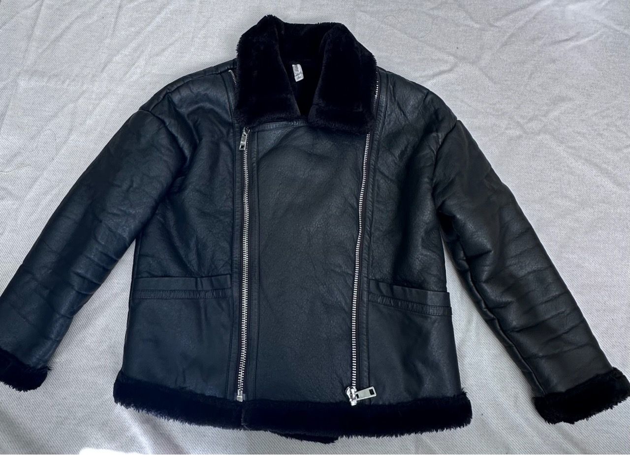 Black Faux Leather Shearling Aviator Jacket