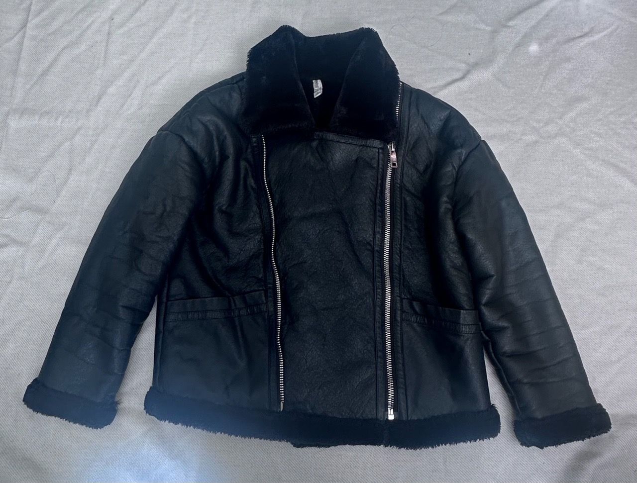 Black Faux Leather Shearling Aviator Jacket - photo 2