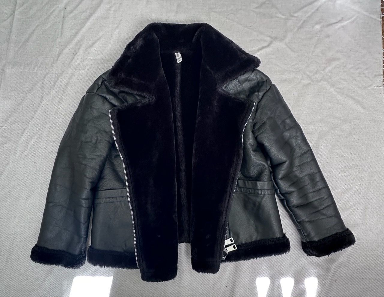 Black Faux Leather Shearling Aviator Jacket - photo 5