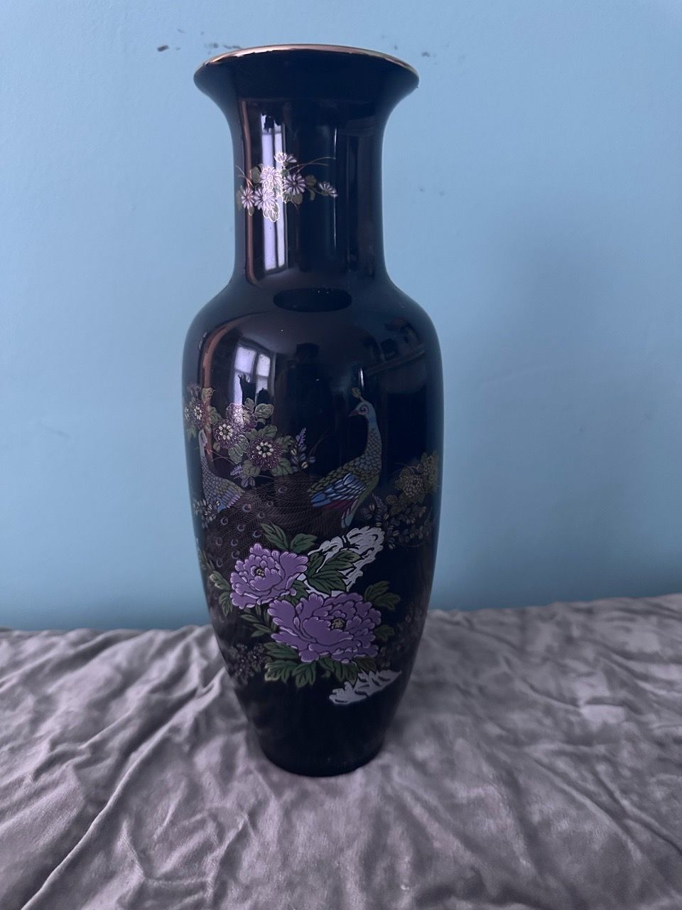 Pair of Black Porcelain Peacock Vases - photo 2