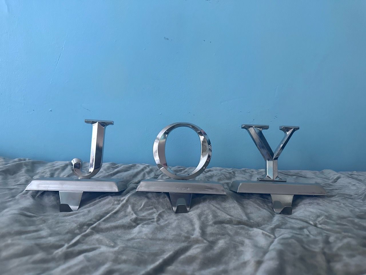 JOY Silver Metal Christmas Stocking Holders
