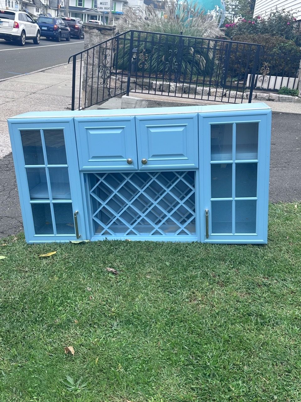 Blue Wood Wall Cabinet with Wine Rack