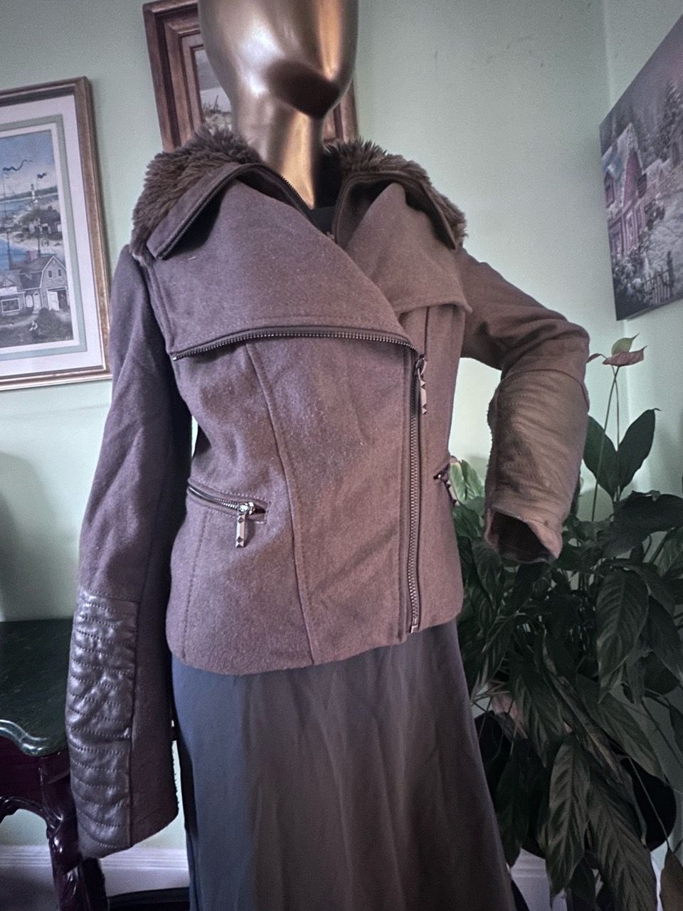 Brown Wool Moto Jacket with Faux Fur Collar - photo 2