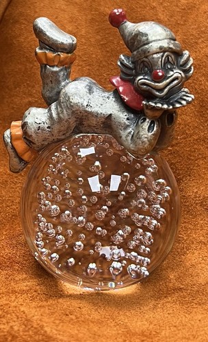 Vintage George Good Style Pewter Clown Art Glass Paperweight