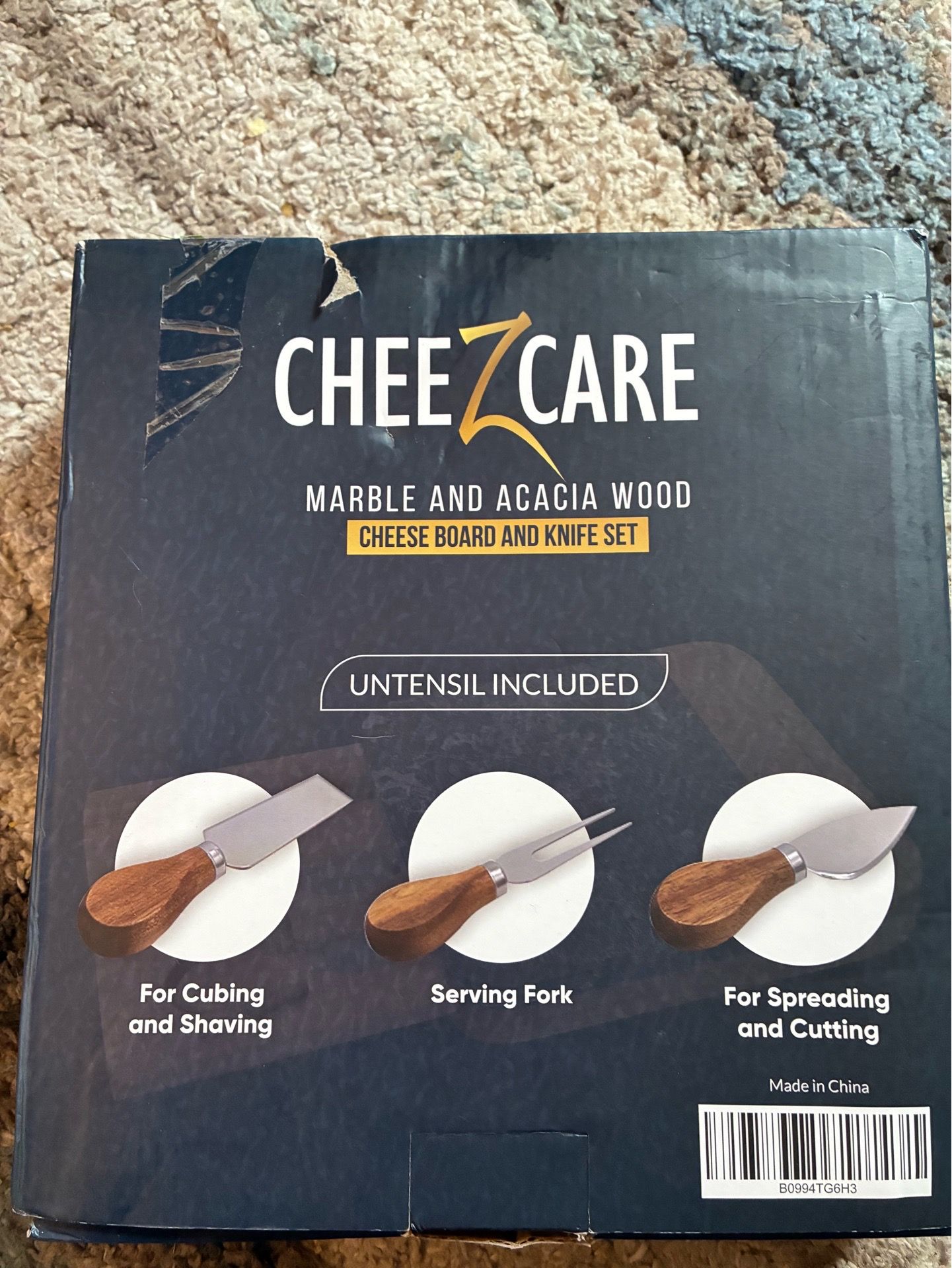 Marble and Acacia wood cheese board and knife set