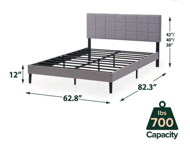 Mainstays Queen Upholstered Platform Bed Frame – Grey – Like New - photo 3