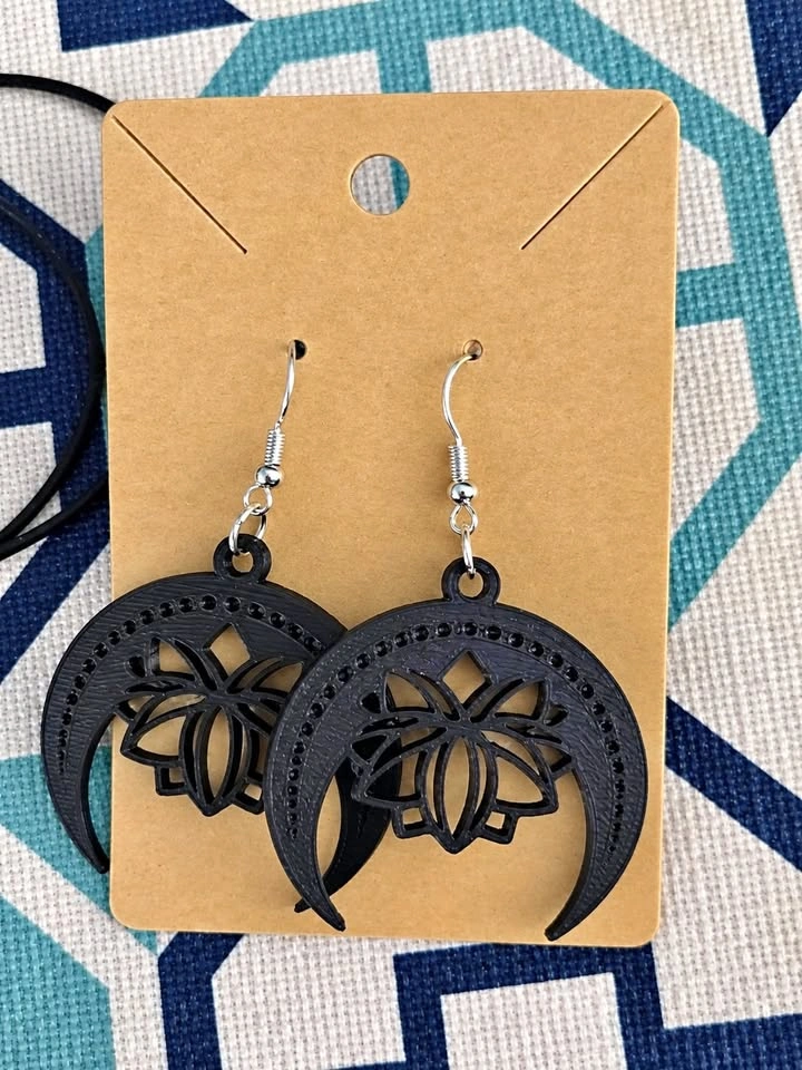 3D Printed Lotus Moon Earrings – Black – PLA Jewelry