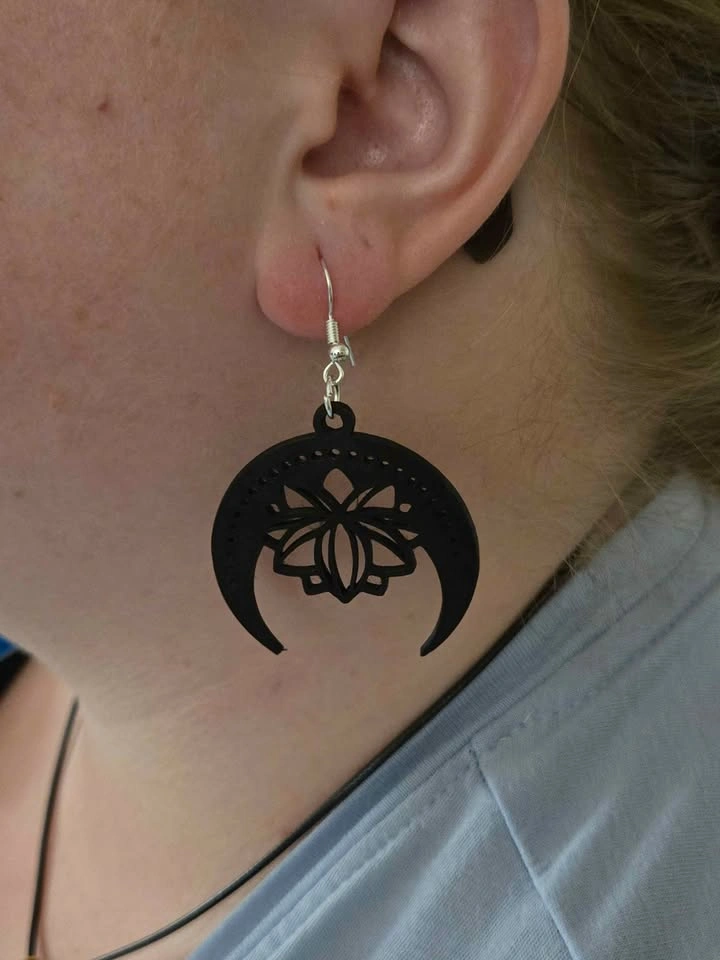 3D Printed Lotus Moon Earrings – Black – PLA Jewelry - photo 2
