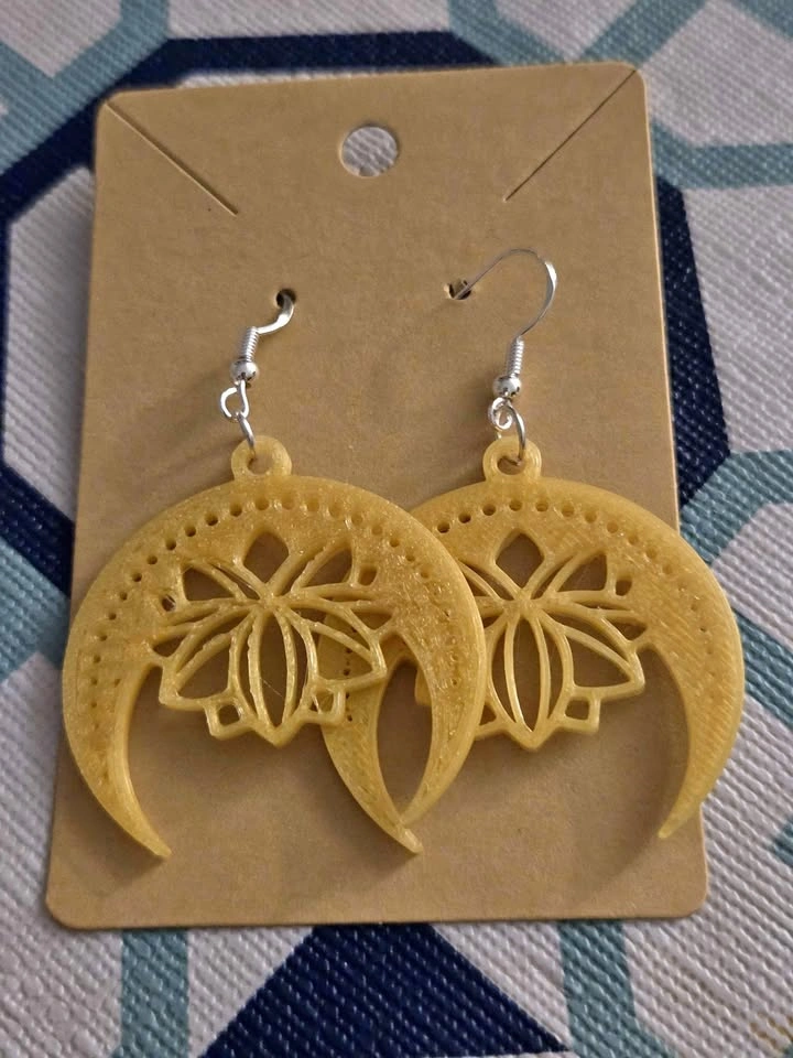 Gold Lotus Moon Earrings (3D Printed)