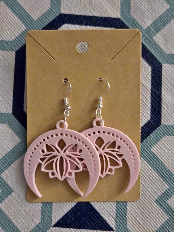 3D Printed Lotus Moon Earrings – Pink – PLA Jewelry