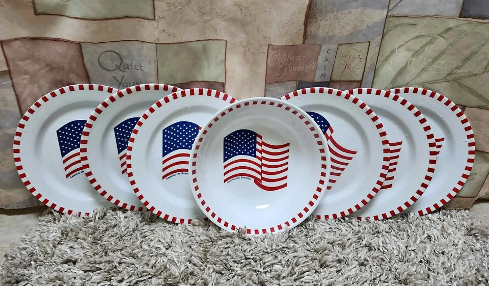 Set of 6 Patriotic American Flag Plates and a Bowl