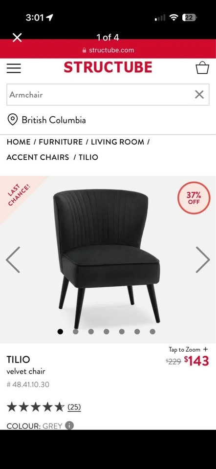 Structube TILIO Velvet Accent Chair – Grey - photo 2