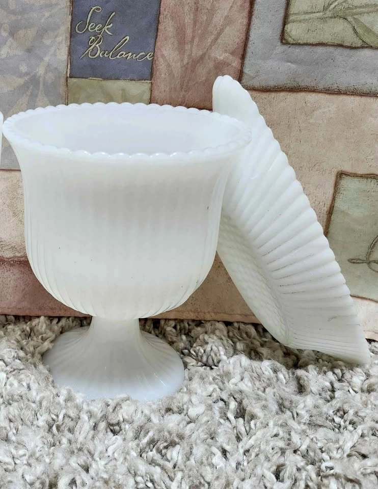 Vintage White Milk Glass Ribbed Pedestal Bowl and Plate Set