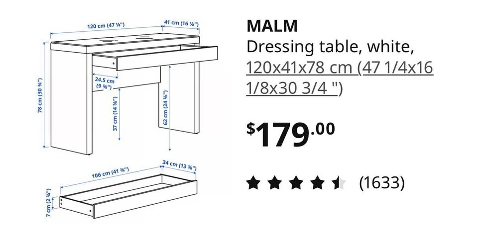 IKEA MALM Dressing Table / Desk – White – 120 cm - photo 3
