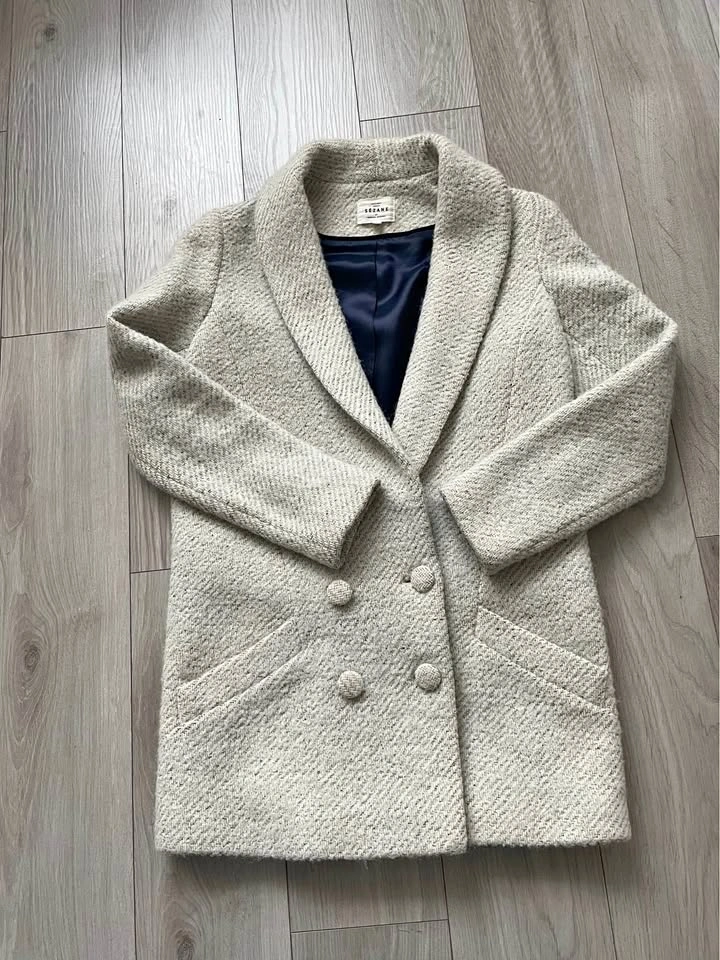 Sézane Jagger Coat, XS/FR 36, cream with black specks