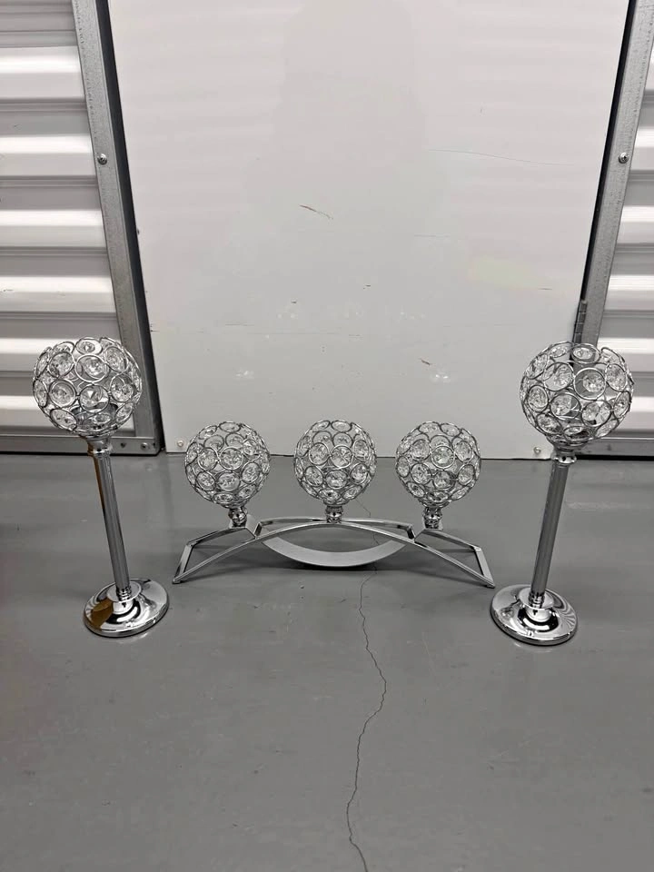 3-Piece Silver Crystal Candle Holder Set – 5 Candle Holders