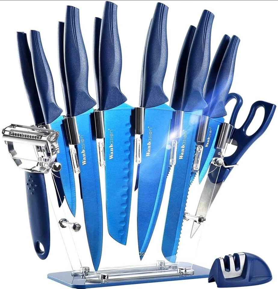 Wanbasion 16-Piece Blue Kitchen Knife Set with Stand – NEW