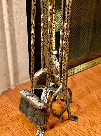 Vintage Hammered Wrought Iron Fireplace Tool Set