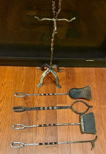 Vintage Hammered Wrought Iron Fireplace Tool Set - photo 3