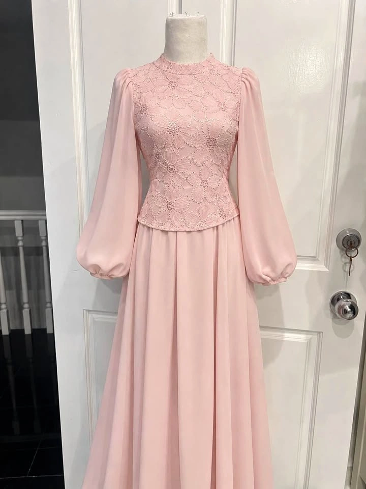 Modest Pink Lace Long Sleeve Maxi Dress
