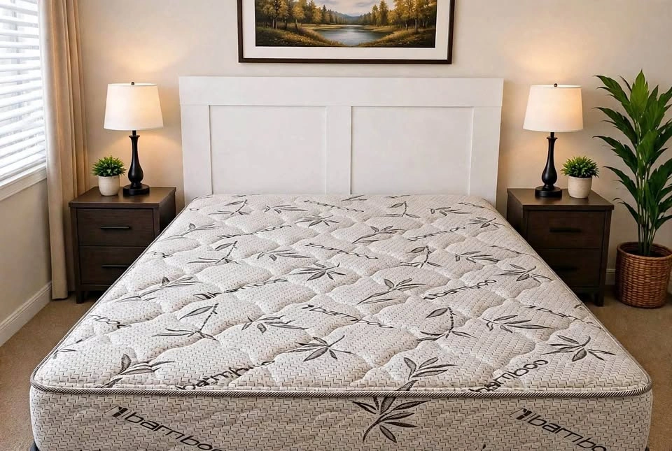 Queen size  Mattress, White Headboard & Bed Frame - Complete set