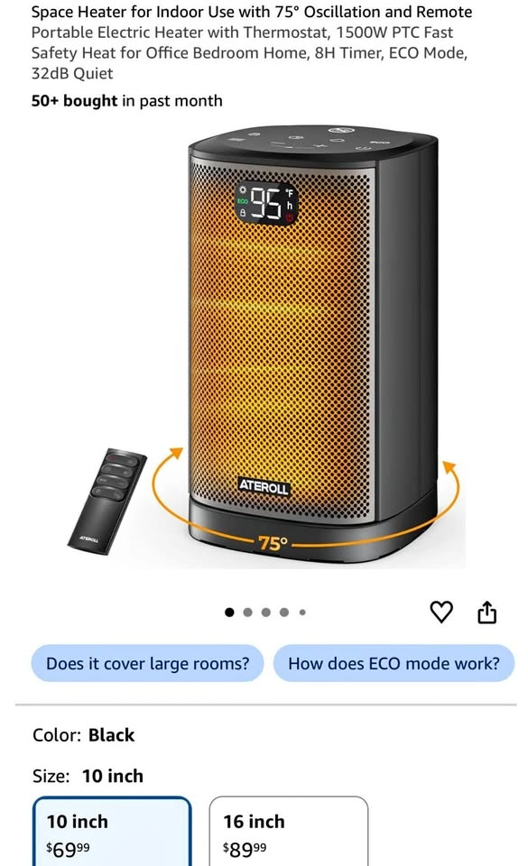 Space Heater for Indoor Use with 75° Oscillation and Remote