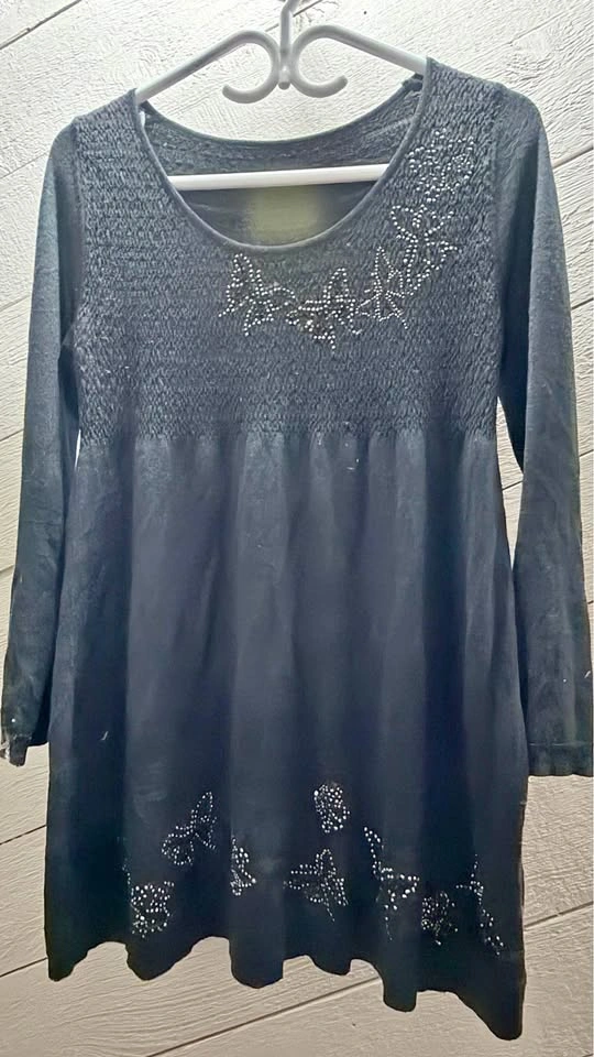 Black Long Sleeve Butterfly Embellished Tunic Dress