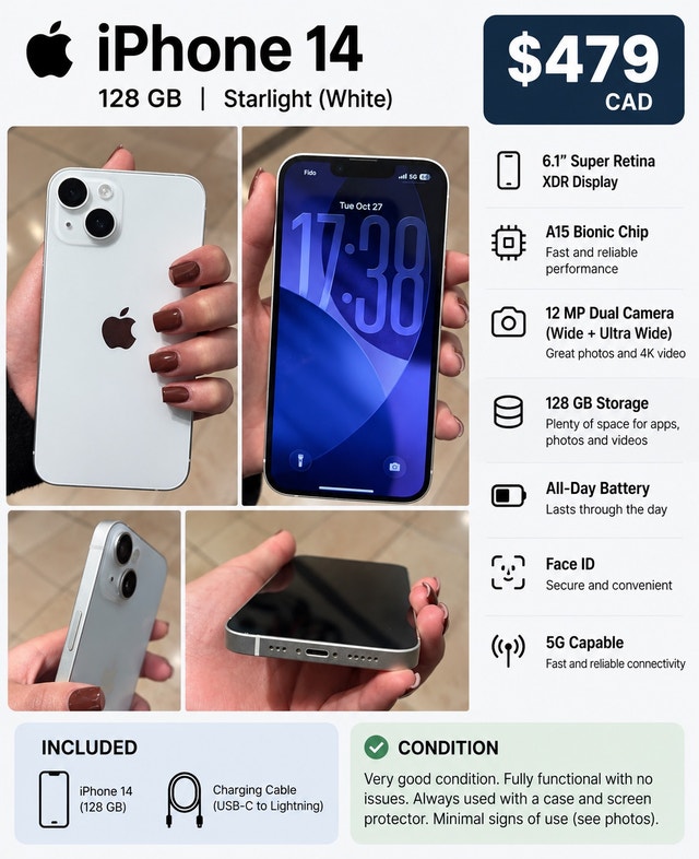 Apple iPhone 14 128GB – Starlight (White) | Excellent Condition - photo 5