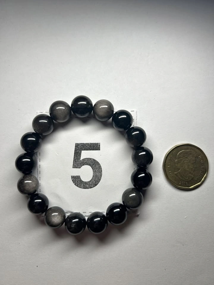 Black Beaded Bracelet — Unisex, Silver-Sheen Beads 12mm