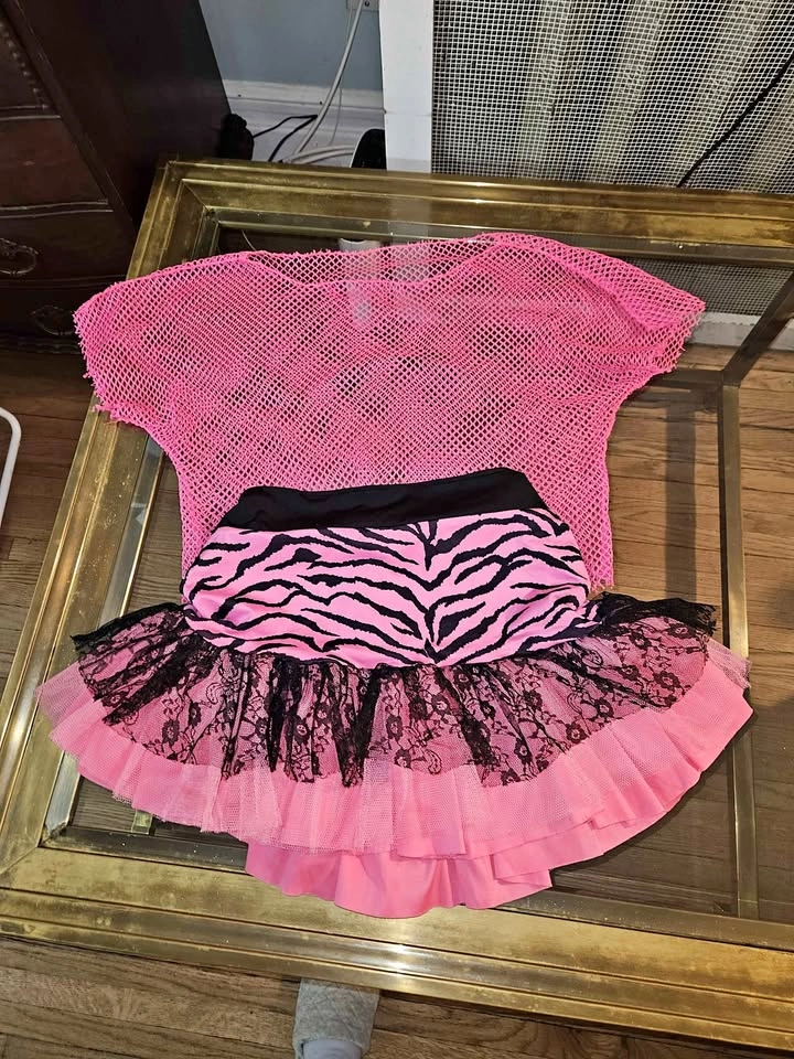 80s Neon Pink Fishnet Top and Zebra Tutu Costume Set