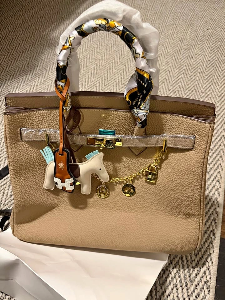 Beige Birkin-Style Handbag with Accessories