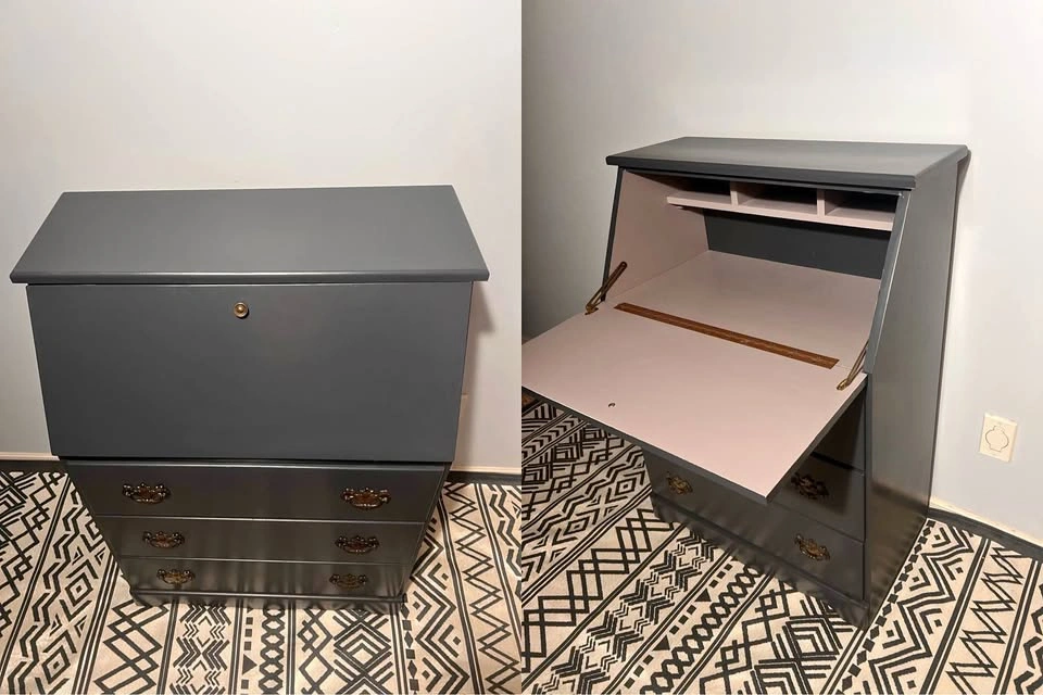 Vintage Secretary Desk - Charcoal Grey Drop Front
