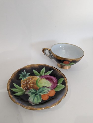 Vintage Shafford Japan Black Gold Fruit Teacup Saucer Set