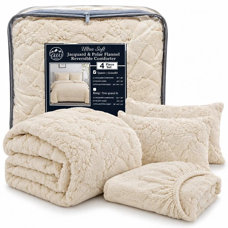 4 pcs Cream & Grey Reversible Jacquard & Polar Flannel Comforter
