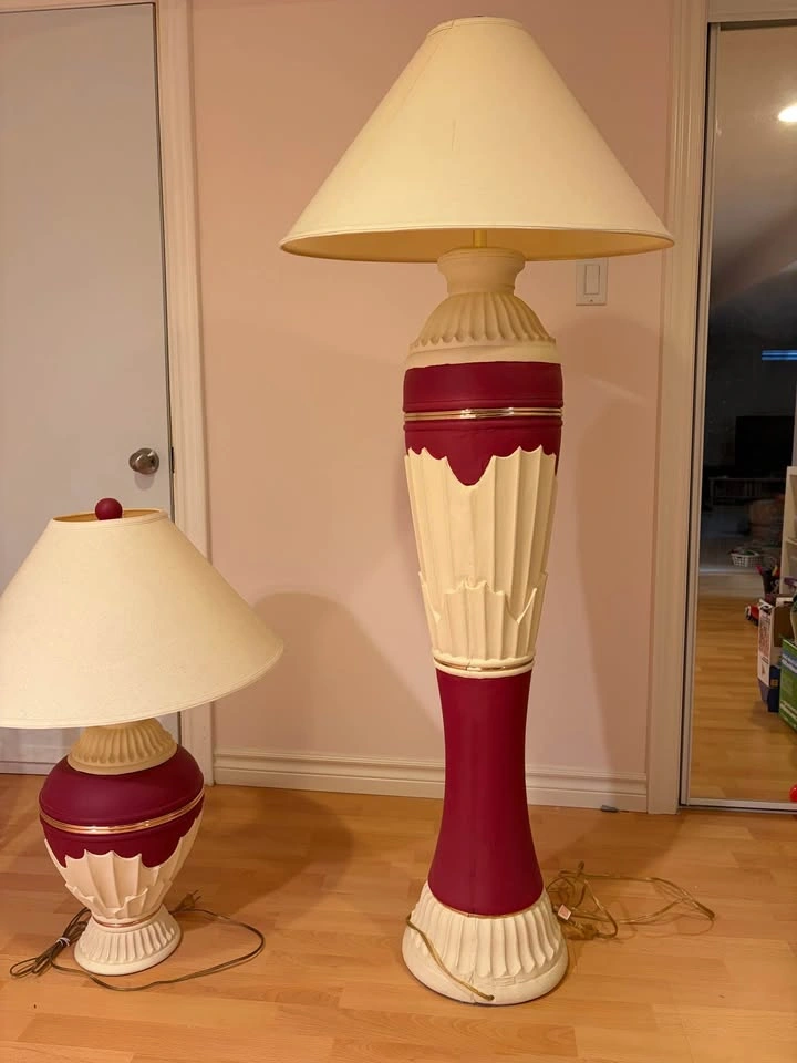 Art Deco Style Floor and Table Lamp Set - Burgundy and Cream - photo 4