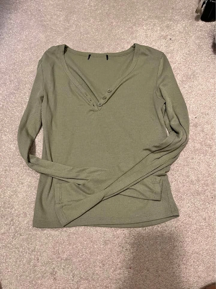 Olive Green Ribbed Long Sleeve Henley Top