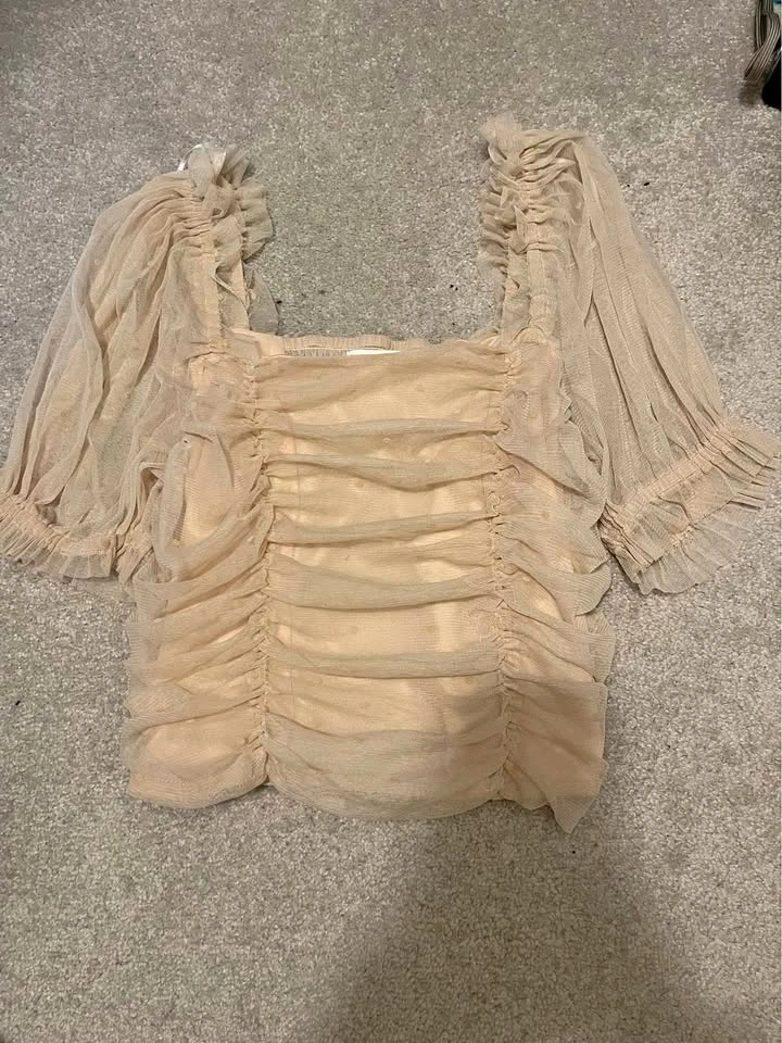 H&M Mesh Ruched Puff Sleeve Top