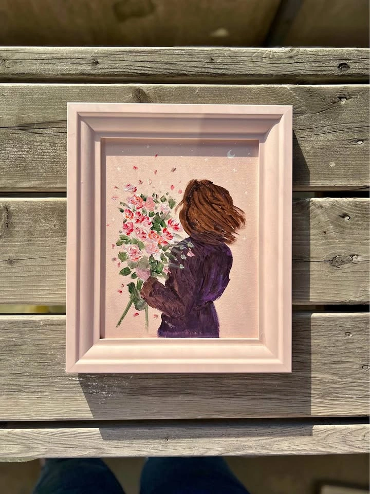 Original Framed Acrylic Painting of Woman with Flowers