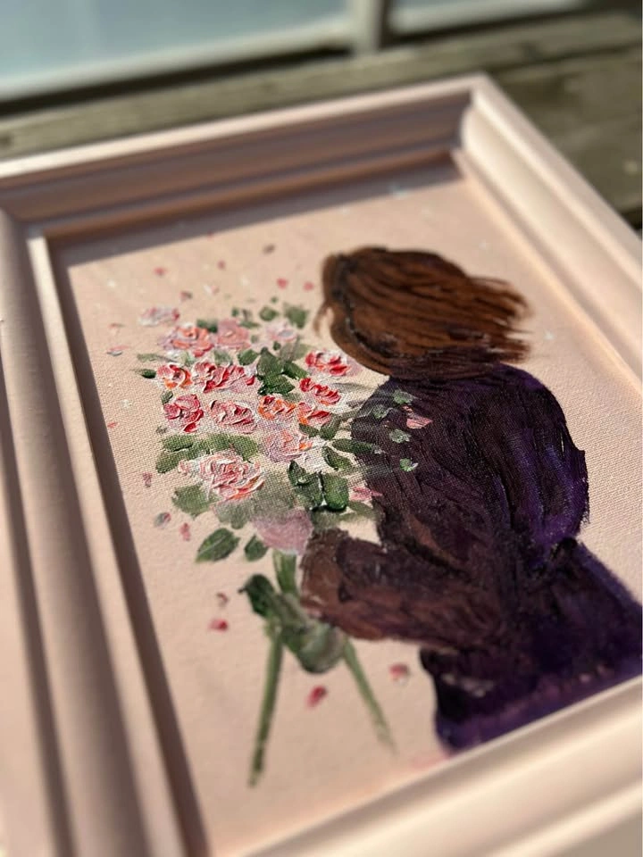 Original Framed Acrylic Painting of Woman with Flowers - photo 2