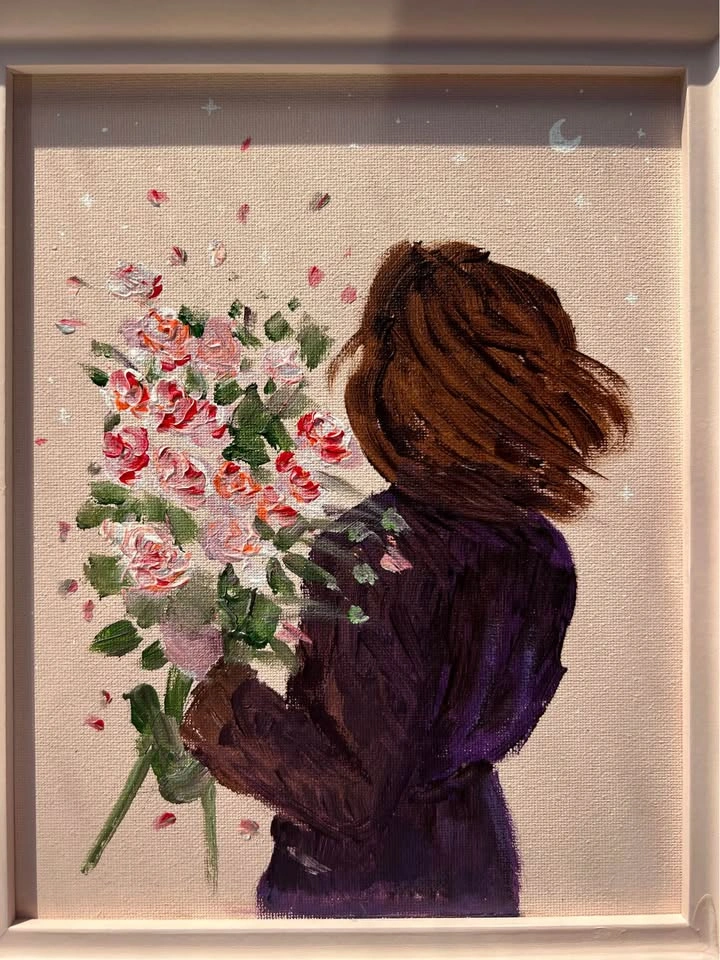 Original Framed Acrylic Painting of Woman with Flowers - photo 3
