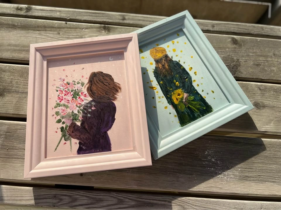 Original Framed Acrylic Painting of Woman with Flowers - photo 4