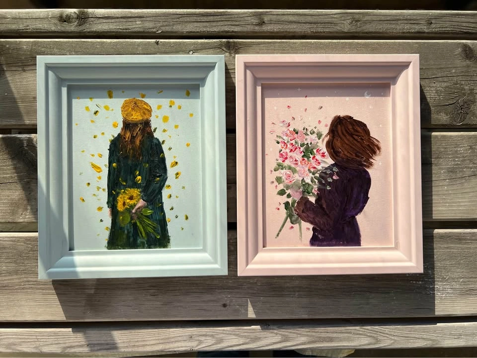 Original Framed Acrylic Painting of Woman with Flowers - photo 5
