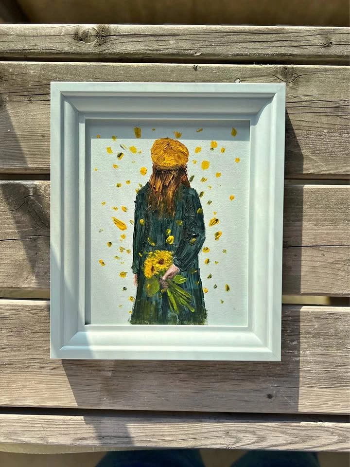 Framed Original Acrylic Painting of Girl with Sunflowers