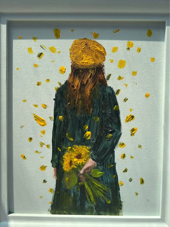 Framed Original Acrylic Painting of Girl with Sunflowers - photo 2