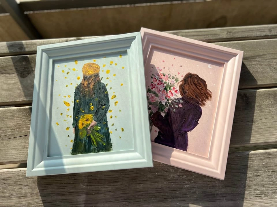Framed Original Acrylic Painting of Girl with Sunflowers - photo 3