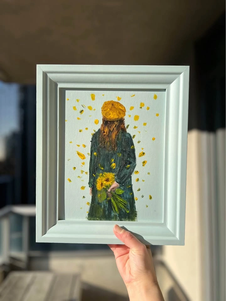 Framed Original Acrylic Painting of Girl with Sunflowers - photo 5
