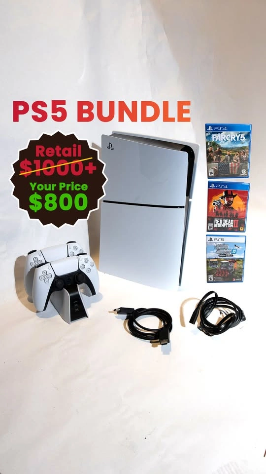 PS5 Slim Disc Edition Bundle + 2 Controllers + Dock + 3 Games